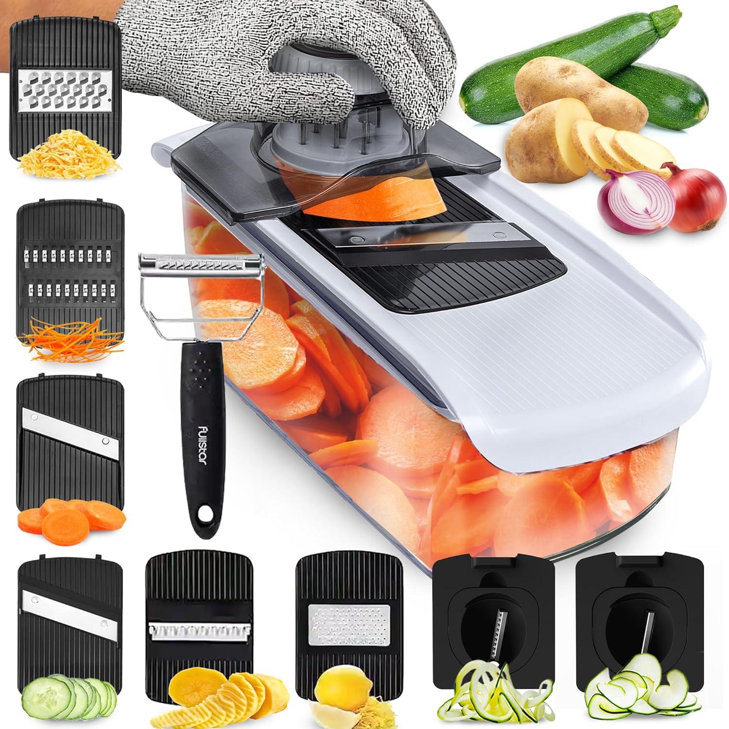 image:imageFullstar Mandoline Slicer for Kitchen Fruit Cutter Cheese Grater Cucumber Slicer Veggie Spiralizer Food Cutter amp Kitchen Gadgets amp Gifts with Safety Glove 11 in 1 WhiteWhite