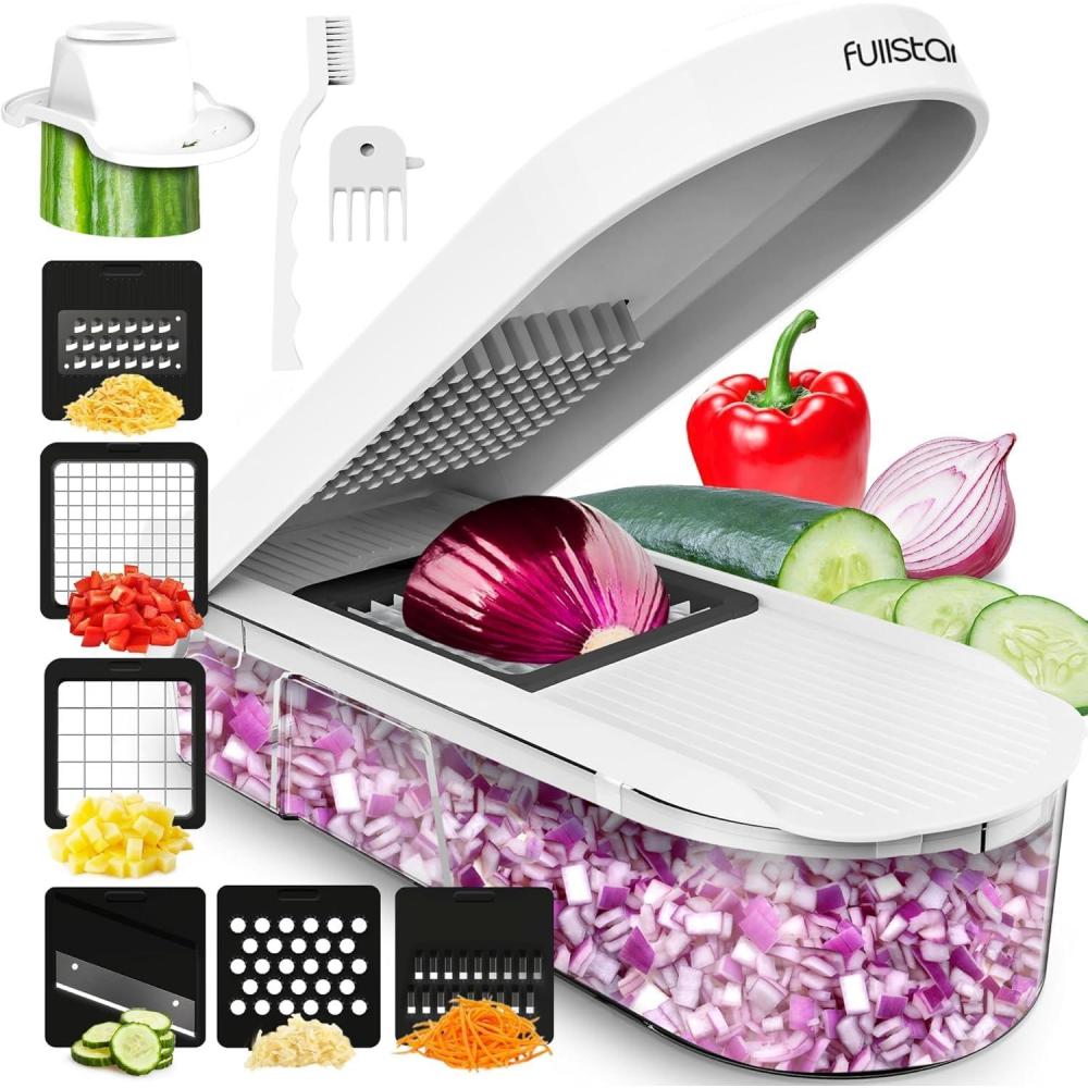 image:imageFullstar Mandoline Slicer for Kitchen  Vegetable Chopper Onion Potato Food Veggie Fruit Slicer and Cutter with Container Kitchen Gadgets amp Gifts Home Essentials 6in1 WhiteBlackFull White