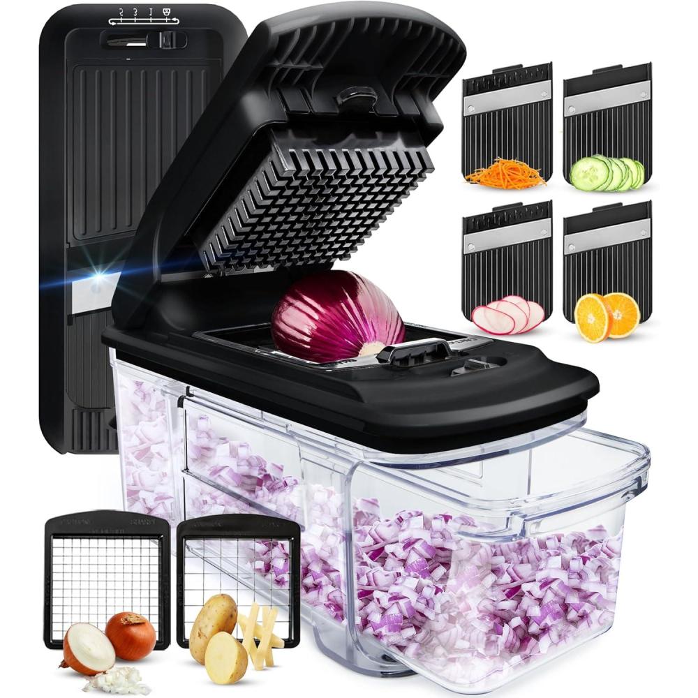 image:imageFullstar XL Vegetable Chopper amp Mandoline Slicer  Vegetable Onion Potato Food Veggie amp Fruit Slicer Dicer amp Spiralizer with PullOut Catch Tray Kitchen Gadgets amp Gifts 6 in 1 BlackWhiteBlack