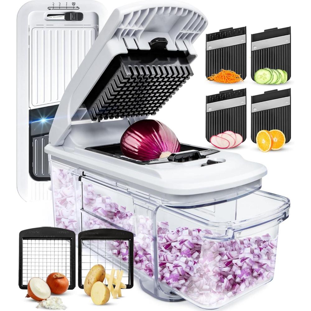 image:imageFullstar XL Vegetable Chopper amp Mandoline Slicer  Vegetable Onion Potato Food Veggie amp Fruit Slicer Dicer amp Spiralizer with PullOut Catch Tray Kitchen Gadgets amp Gifts 6 in 1 BlackWhiteBlackWhite