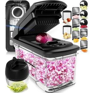 Fullstar XL Vegetable Chopper & Mandoline Slicer – Vegetable, Onion, Potato, Food, Veggie & Fruit Slicer, Dicer & Spiralizer with Pull-Out Catch Tray, Kitchen Gadgets & Gifts (6 in 1, Black/White)(Stainless Steel)