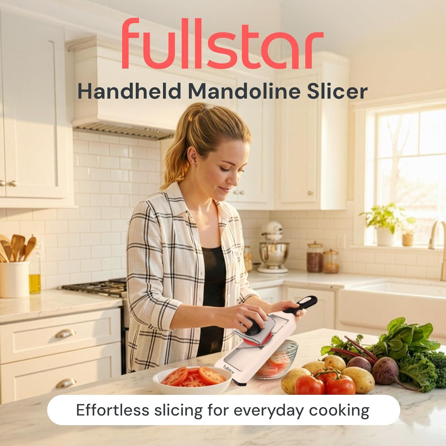 image:imageFullstar 2in1 Handheld Mandoline Slicer for Kitchen 4 Thickness Settings Vegetable Food Onion Slicer Julienne Blade Stainless Steel Guard Easy to Use Sharp Blades Veggie Slicer amp Fruit CutterWhite