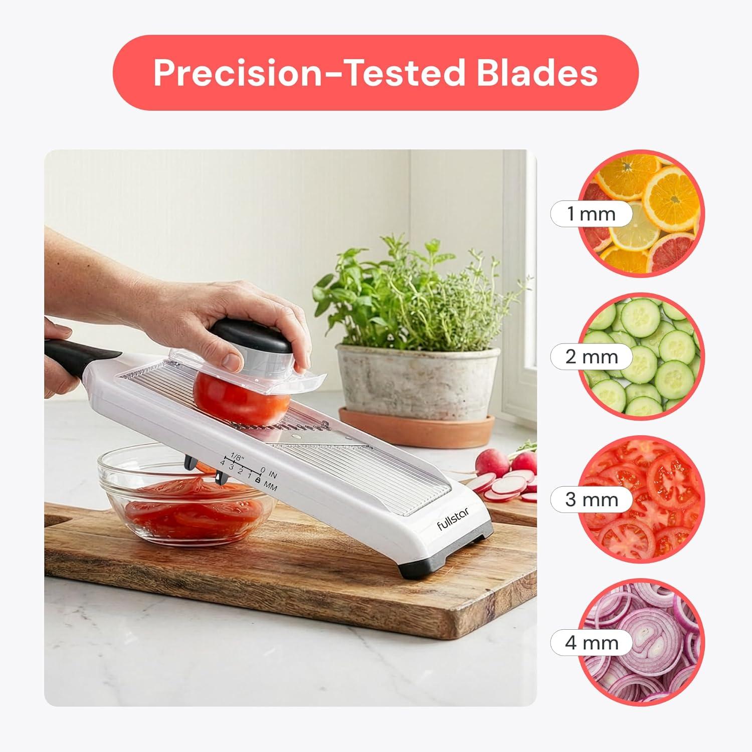 image:imageFullstar 2in1 Handheld Mandoline Slicer for Kitchen 4 Thickness Settings Vegetable Food Onion Slicer Julienne Blade Stainless Steel Guard Easy to Use Sharp Blades Veggie Slicer amp Fruit CutterWhite