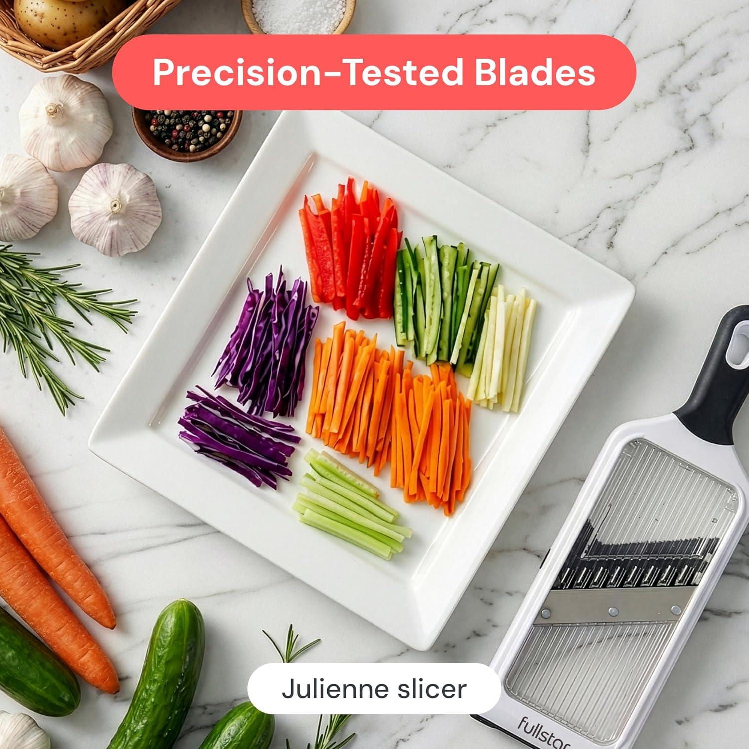 image:imageFullstar 2in1 Handheld Mandoline Slicer for Kitchen 4 Thickness Settings Vegetable Food Onion Slicer Julienne Blade Stainless Steel Guard Easy to Use Sharp Blades Veggie Slicer amp Fruit CutterWhite